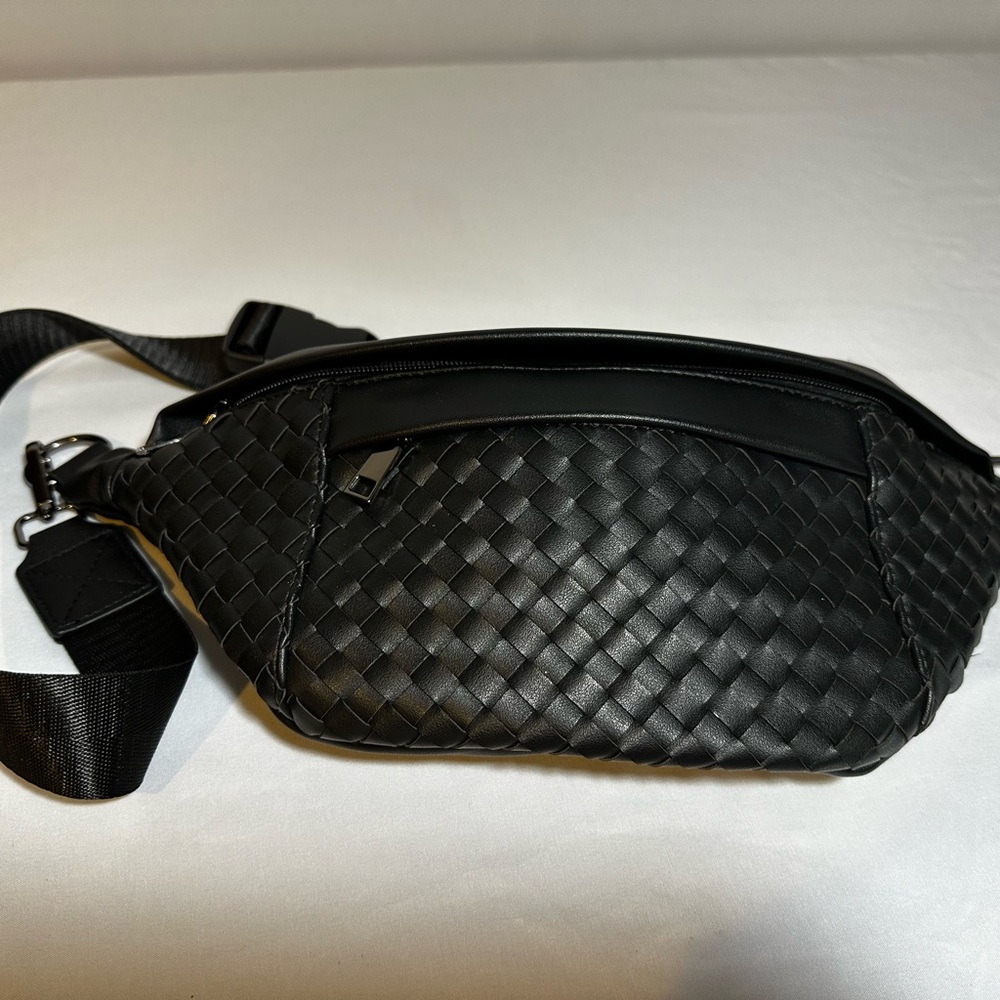 Black Woven Faux Leather Belt Bag